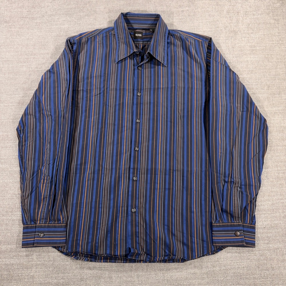 Hugo Boss Striped Button Down Mens‎ XL Blue Orange Excellent Long Sleeve Shirt